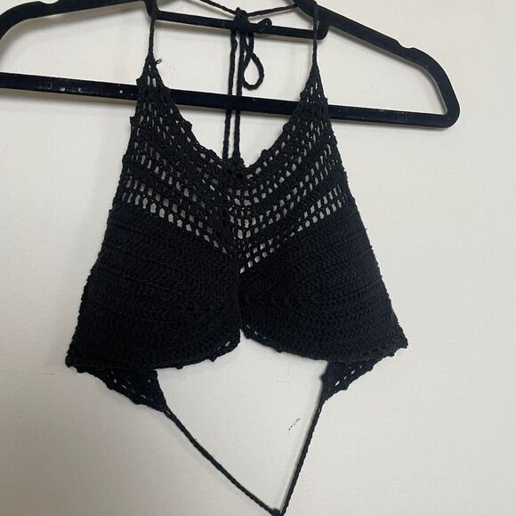 The Bikini Lab Black Crochet High Neck Halter Top Bikini Top Size Medium - Picture 4 of 8
